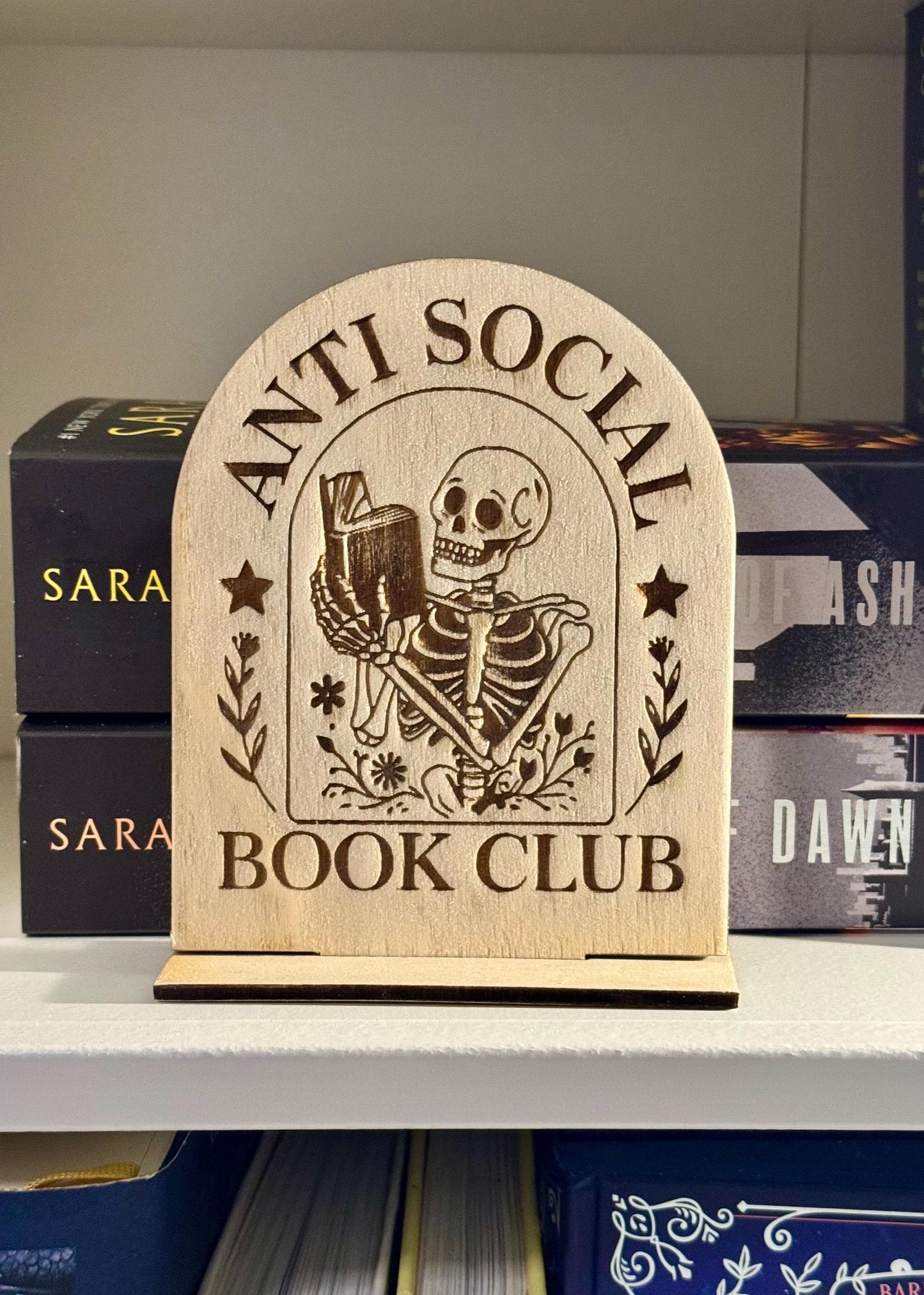 Anti Social Book Club Sign | Laser Engraved Wooden Skeleton Decor | Funny Bookish Gift | Goth Reader Shelf Sign | Introvert Book Lover