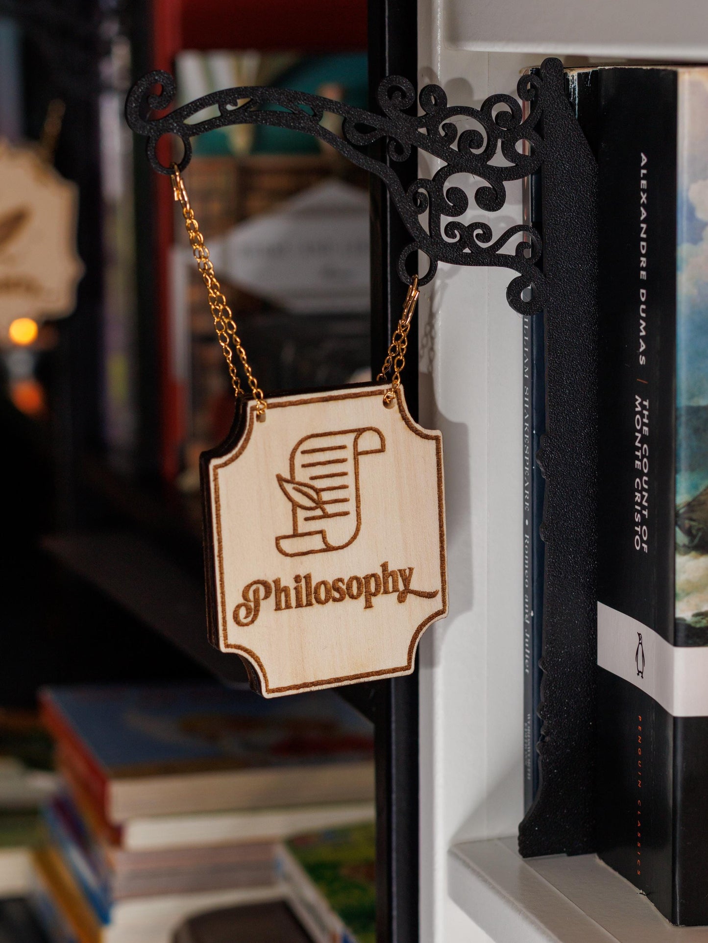 Philosophy Bookend | Laser Engraved Tavern Sign | Genre Divider for Bookshelf | Wooden Sign & 3D Printed Bracket | Dark Academia Decor