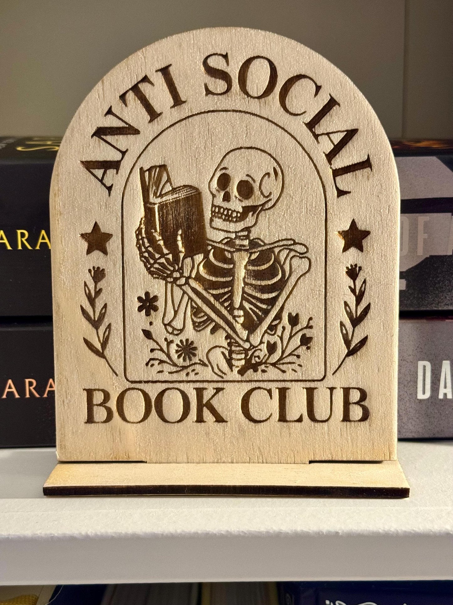 Anti Social Book Club Sign | Laser Engraved Wooden Skeleton Decor | Funny Bookish Gift | Goth Reader Shelf Sign | Introvert Book Lover