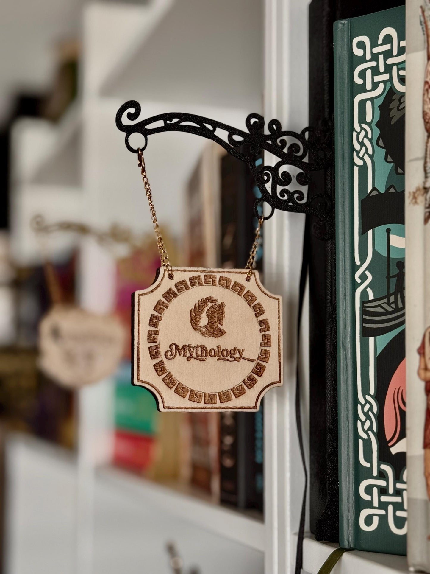 Mythology Tavern Sign Bookend | Laser Engraved Balsa Wood & 3D Printed Bracket | Greek Inspired Bookshelf Decor