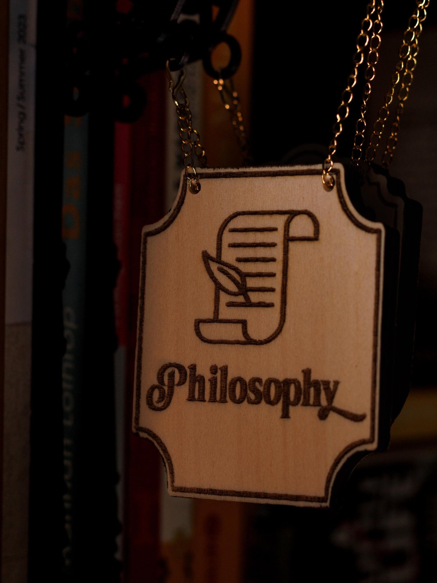 Philosophy Bookend | Laser Engraved Tavern Sign | Genre Divider for Bookshelf | Wooden Sign & 3D Printed Bracket | Dark Academia Decor