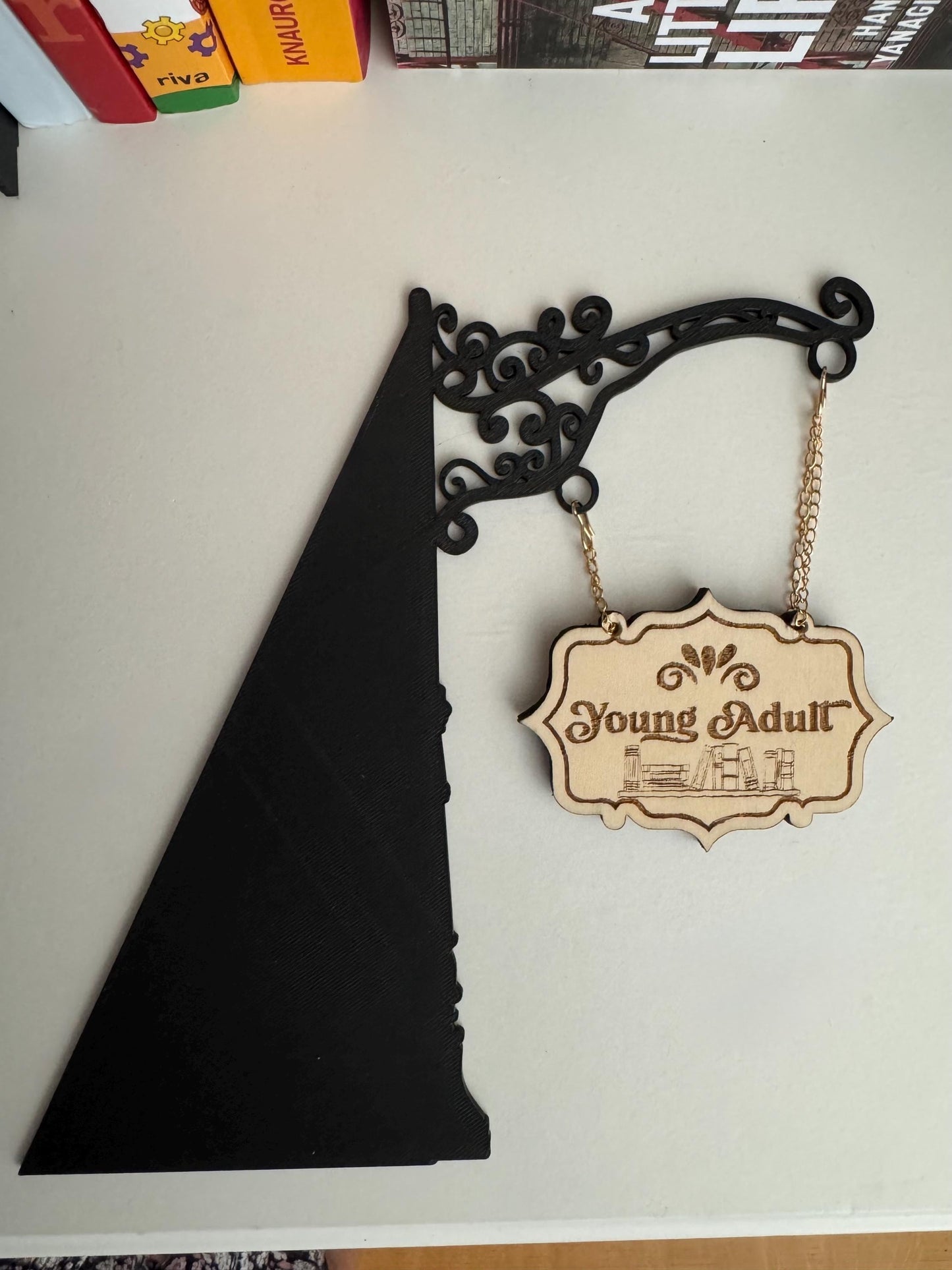 Young Adult Tavern Sign Bookend | 3D Printed PLA & Laser Engraved Balsa Wood | Bookshelf Genre Divider
