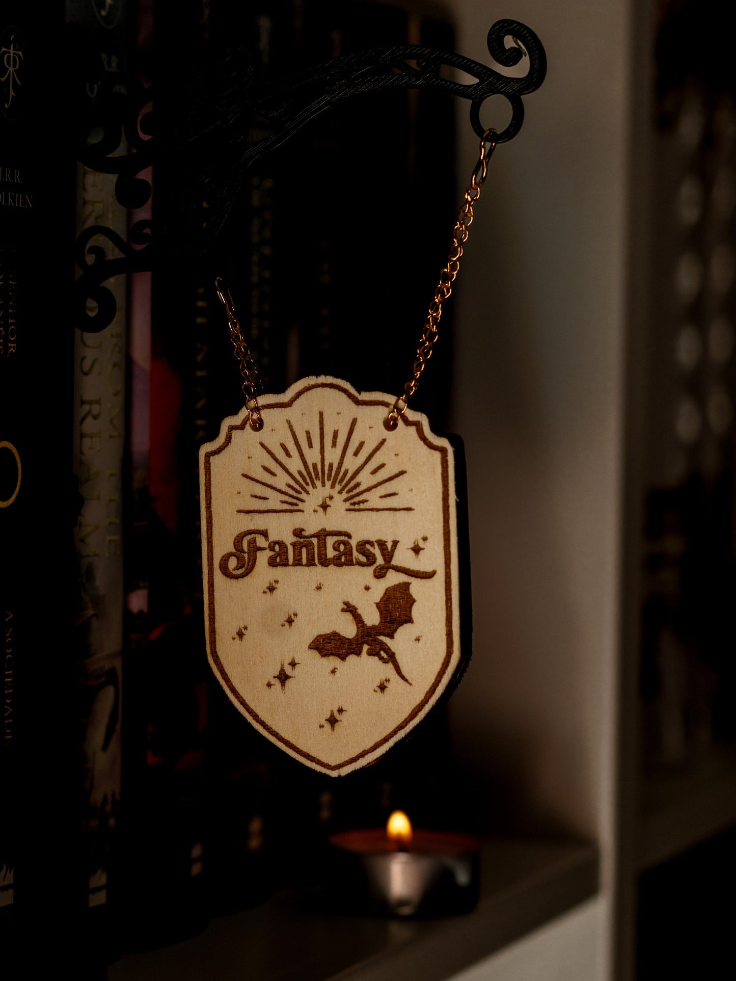 Fantasy Tavern Sign Bookend | Laser Engraved Balsa Wood & 3D Printed PLA | Dragon Bookshelf Genre Divider