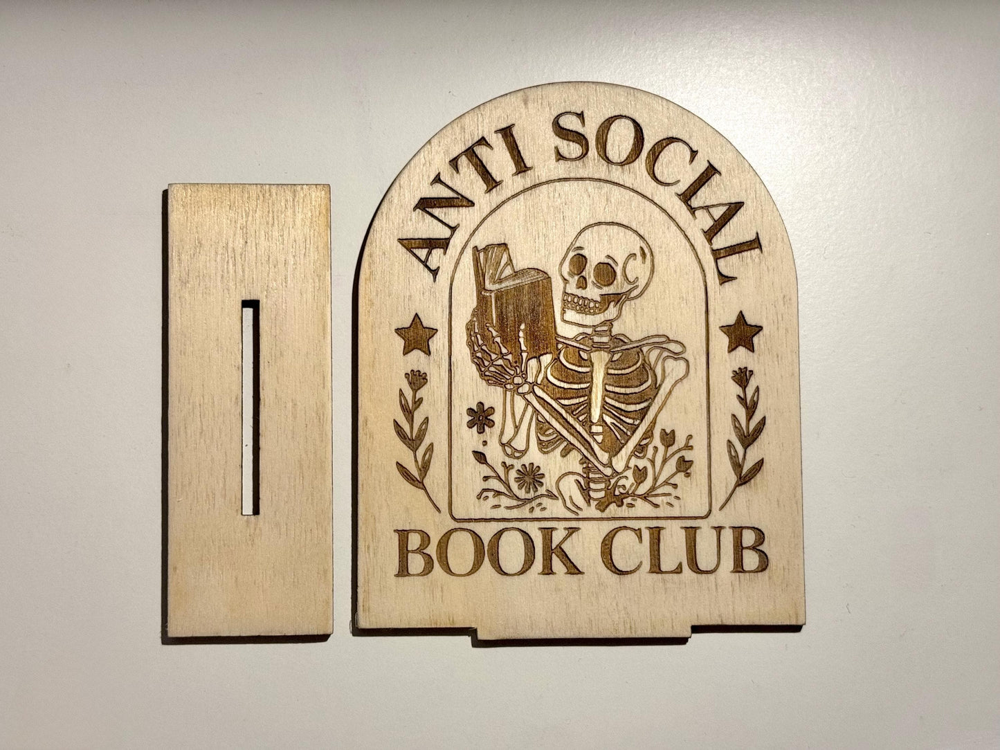 Anti Social Book Club Sign | Laser Engraved Wooden Skeleton Decor | Funny Bookish Gift | Goth Reader Shelf Sign | Introvert Book Lover