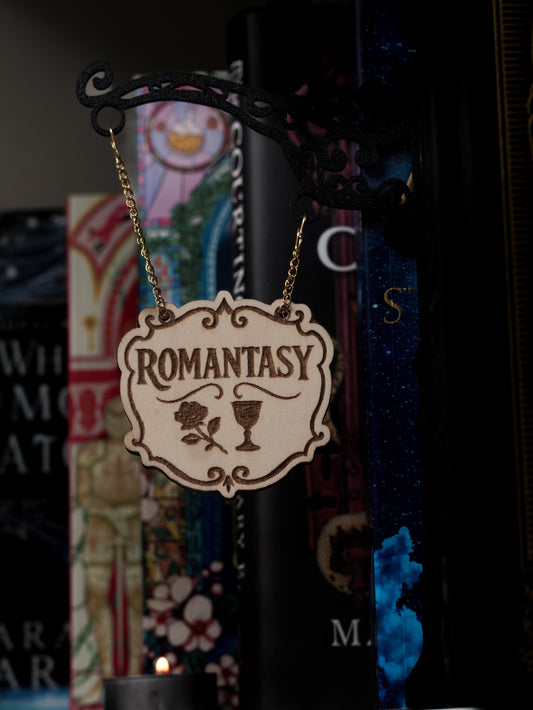 A Romantasy Tavern Sign Bookend | Laser Engraved Balsa Wood & 3D Printed Shelf Divider | Fantasy Romance Bookshelf Decor