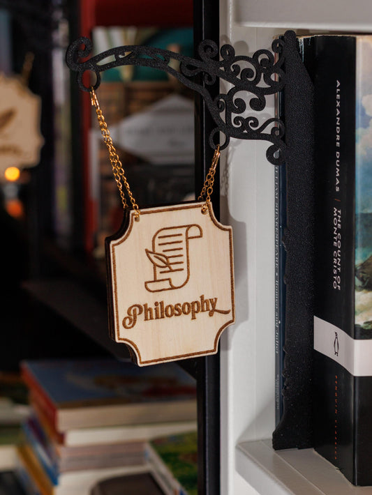 Philosophy Bookend | Laser Engraved Tavern Sign | Genre Divider for Bookshelf | Wooden Sign & 3D Printed Bracket | Dark Academia Decor