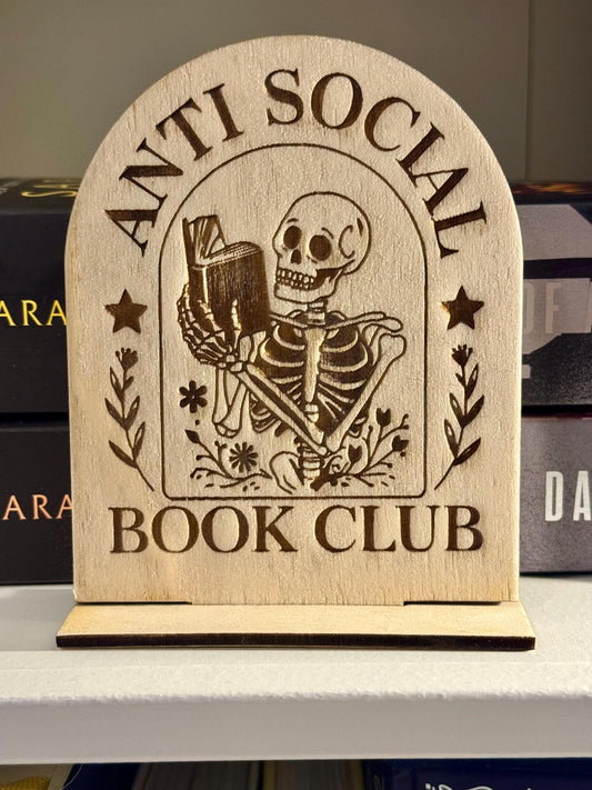 Anti Social Book Club Sign | Laser Engraved Wooden Skeleton Decor | Funny Bookish Gift | Goth Reader Shelf Sign | Introvert Book Lover